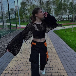 Knit Crop Top – Alternative Fashion Must-Have. Edgy Black Ripped Knit Sweater. y2k oversize top