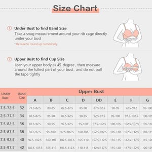 May include: A size chart for bras, showing the measurements for under bust and upper bust in inches. The chart includes band sizes from 32 to 42 and cup sizes from A to G.