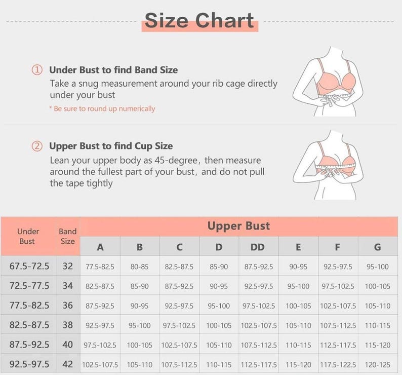 May include: A size chart for bras, showing the measurements for under bust and upper bust in inches. The chart includes band sizes from 32 to 42 and cup sizes from A to G.