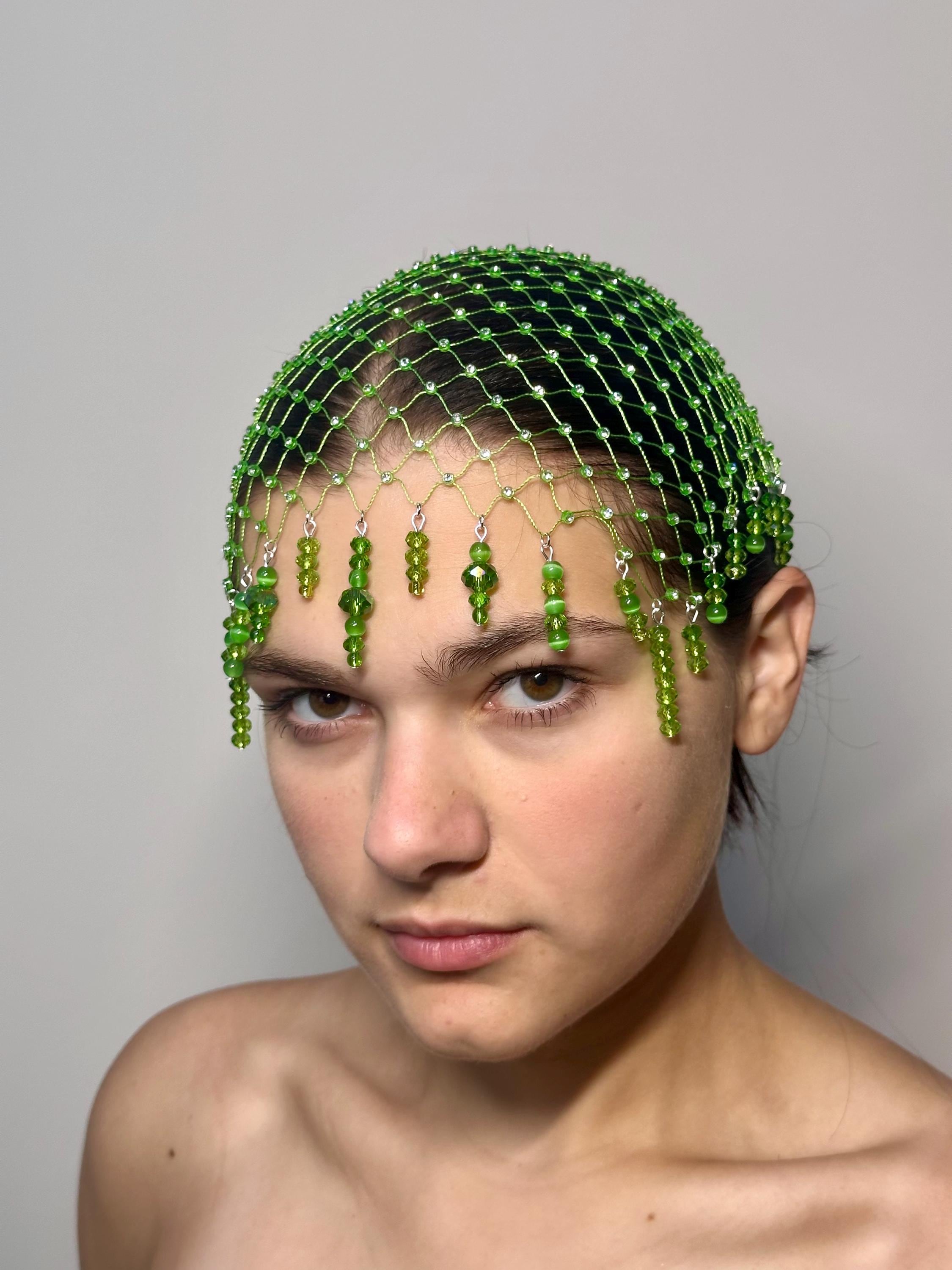 Emerald Dreams Beaded Net Headpiece  Neon Fairy Grid Cap Jungle Cascade Headdress Forest Queen Veil
