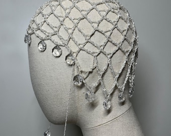 Gatsby Chainmail Cap, Juliet Cap Rhinestone Hair Net, Crystal Headpiece