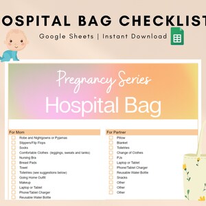 Hospital Bag Excel Checklist |Labor and Delivery Check List| Mom Partner and Baby| INSTANT DOWNLOAD| Printable