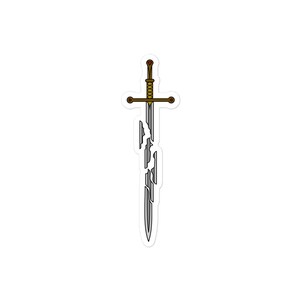May include: A sticker of a broken silver sword with a gold hilt and a red jewel on the pommel.