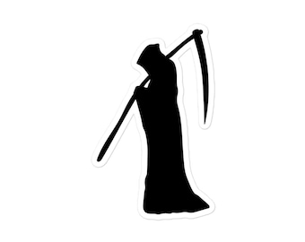 May include: Black silhouette of the Grim Reaper holding a scythe.