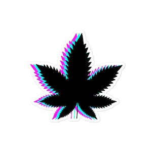May include: A black marijuana leaf with a glitch effect in pink and blue.