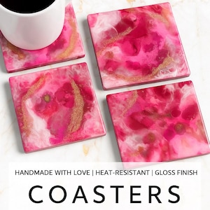 Pink & Gold Alcohol Ink Coasters – Set of 4 | Handmade Ceramic Tile Coasters with Resin Gloss | Heat-Resistant, Made to Order