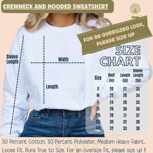 May include: White crewneck sweatshirt with a size chart. The chart shows bust, length, and sleeve length measurements in inches for sizes S through 4XL. The text on the image says "For an oversized look, please size up."