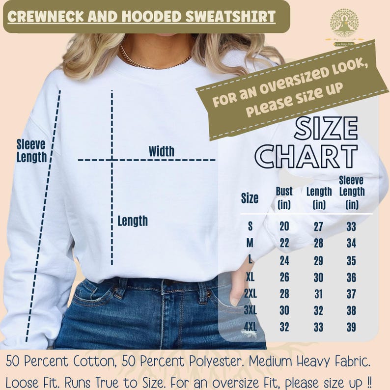 May include: White crewneck sweatshirt with a size chart. The chart shows bust, length, and sleeve length measurements in inches for sizes S through 4XL. The text on the image says "For an oversized look, please size up."