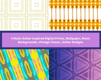 4 Music Guitar Inspired Digital Prints, Wallpaper, Music Backgrounds, Vintage Classic, Guitar Designs