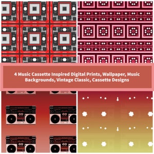 4 Music Cassette Inspired Digital Prints, Wallpaper, Music Backgrounds, Vintage Classic, Cassette Designs