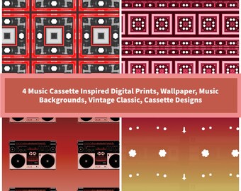 4 Music Cassette Inspired Digital Prints, Wallpaper, Music Backgrounds, Vintage Classic, Cassette Designs