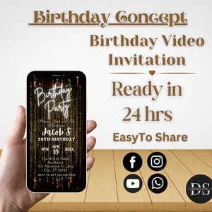 Animated Birthday Video Invitation, Gold Black Theme Birthday Invite, Mobile Birthday Invite, Digital birthday Invitation, Birthday Card
