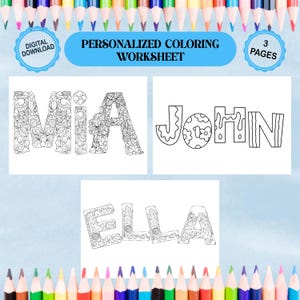 Customized Coloring Name Pages, 3 Pages Custom Name Coloring Pages for Kids, Kid Coloring Pages Printable, Instant Download Kids Activity
