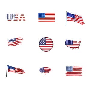 Op de afbeelding: Een verzameling afbeeldingen met de Amerikaanse vlag in verschillende stijlen, waaronder een traditionele vlag, een verweerde vlag, een vlag in een cirkel, een vlag op een kaart van de Verenigde Staten en een vlag in een spreekballon. Het woord "USA" is ook in de afbeelding opgenomen.