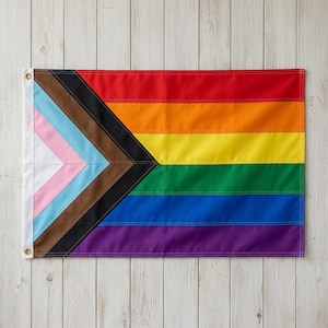 May include: A rectangular progress pride flag featuring horizontal stripes in red, orange, yellow, green, blue, and violet. On the left side, a chevron pattern includes white, pink, light blue, brown, and black stripes with two metal grommets.