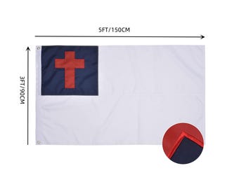 May include: A white Christian flag with a blue canton featuring a red cross. The flag measures 3 feet by 5 feet (90 cm by 150 cm).