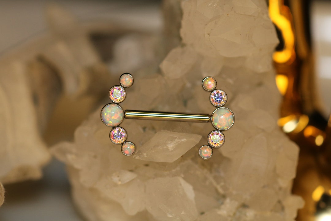 14G G23 Solid Titanium Opal&CZ Nipple Barbell Internally Threaded Tongue Ring Nipple Piercing Jewelry Nipple Ring