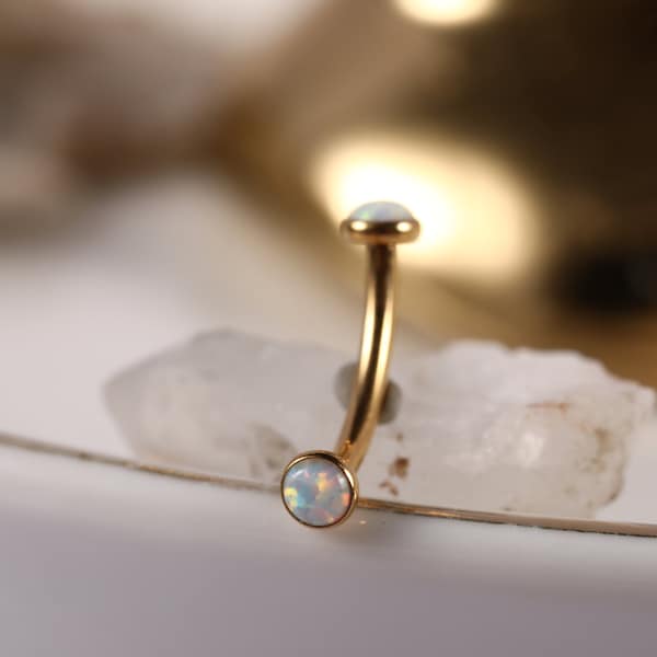 Vertical Labret Bridge Gold Eyebrow Piercing Jewelry Curved Barbell G23 Titanium Belly Navel Rings Daith Earrings Ring Disc Shape White Opal