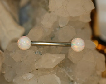 14G G23 Solid Titanium White Opal Shield Nipple Barbell Internally Threaded Tongue Ring