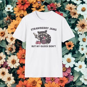 Women's Strawberry and Raccoon Print Tee, Fashion Casual Drop Shoulder, Ladies Summer Clothes, Strawberry Jams but my Glock Dont T Shirt