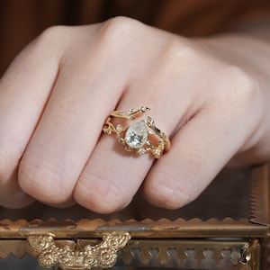 Naturinspiriertes Moissanit Blatt Ring Set: 14K Gold Boho Verlobungsring