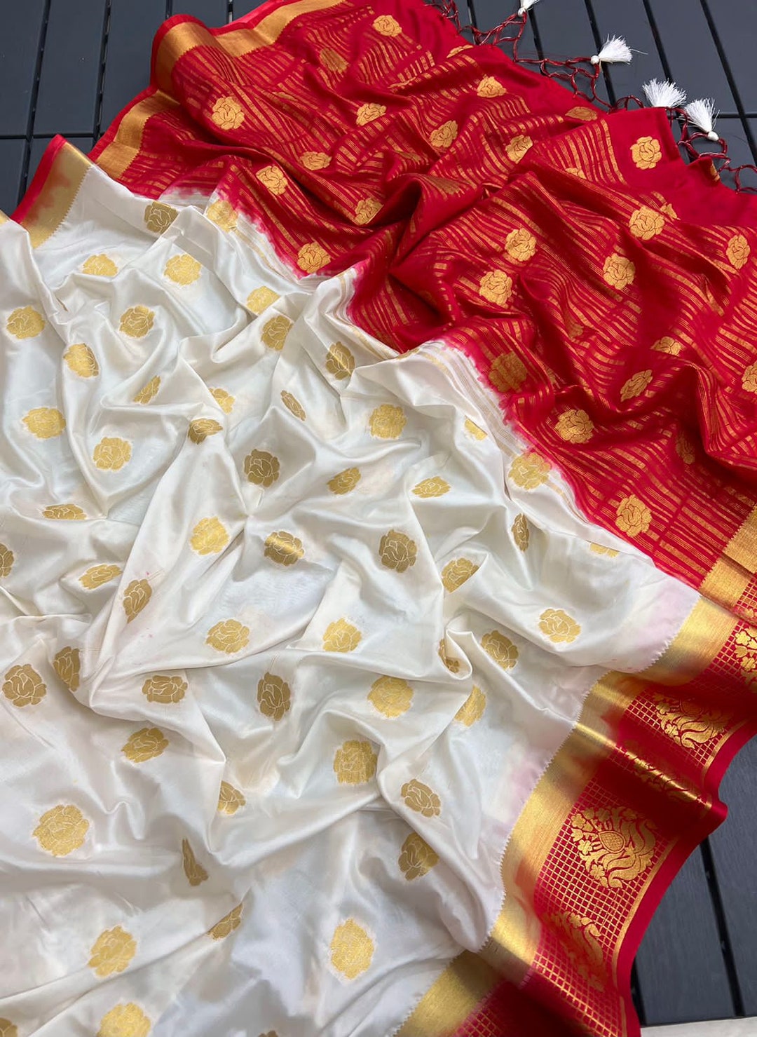 Bengali Pooja Saree on Crape Fabric With Zari Motifs and Red