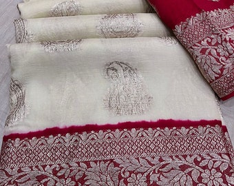Sari en pure soie russe avec motif cachemire zari Tissage intégral, teinture à la main avec bordure contrastante