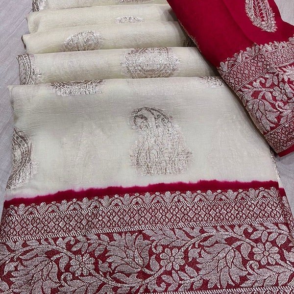 Pure russian silk saree with paisley zari Weaving all over ,hand dyeing with contrast border