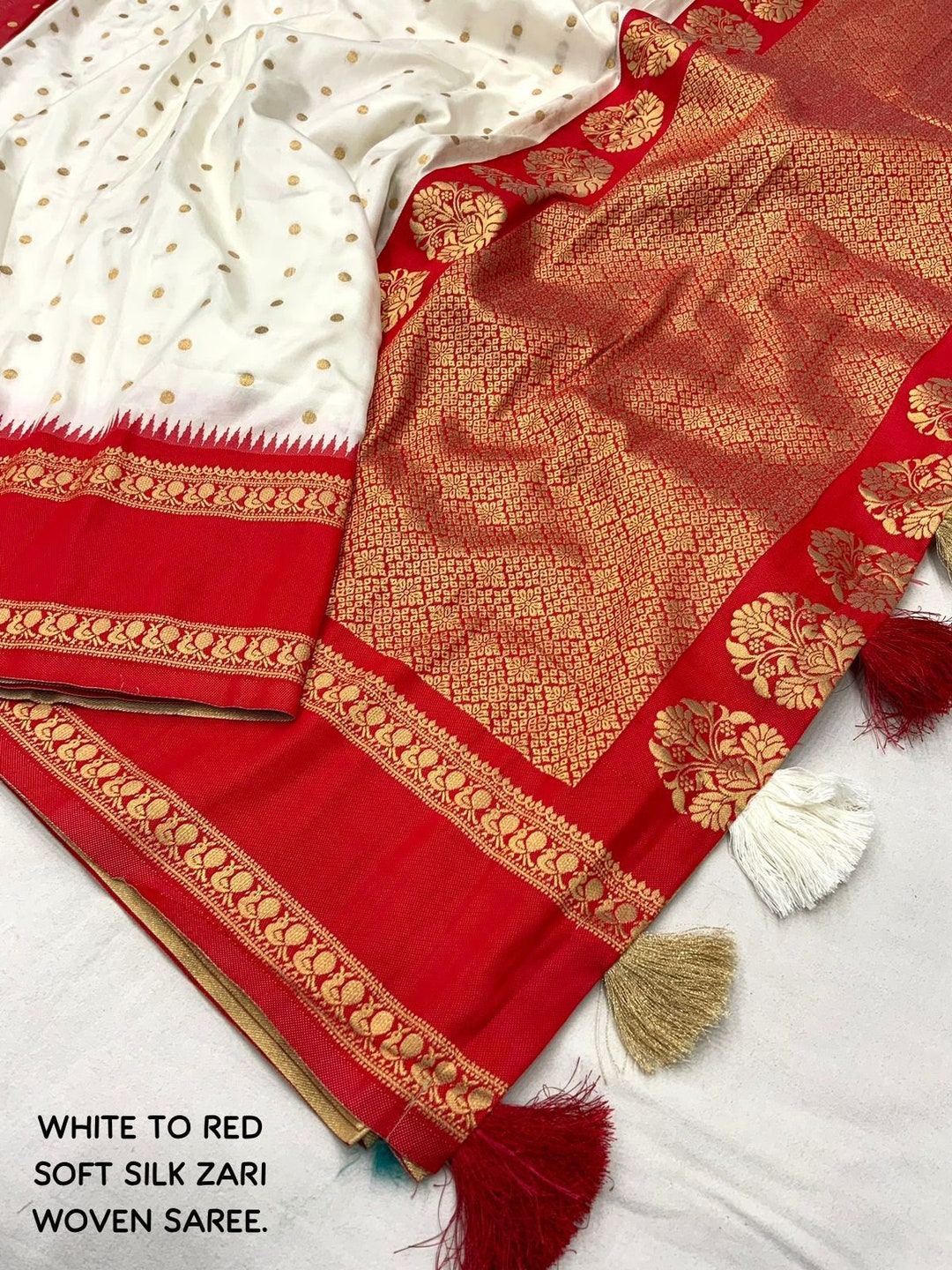 Soft Silk Polka Dot White Bengali Saree With Red Woven Border, Rich