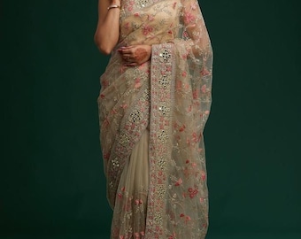 Designer organza sequence and thread party wear embroidery saree comes with blended silk blouse fabric