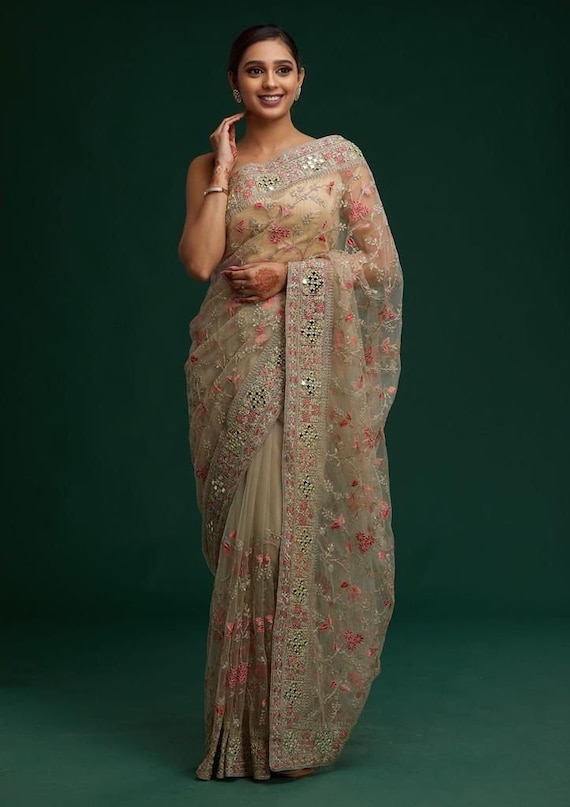 Queen Hand-Embroidered Georgette Green Saree