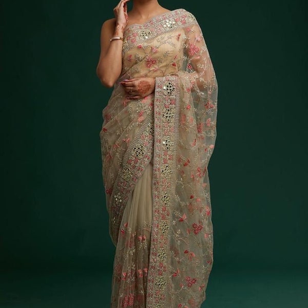 Designer organza sequence and thread party wear embroidery saree comes with blended silk blouse fabric