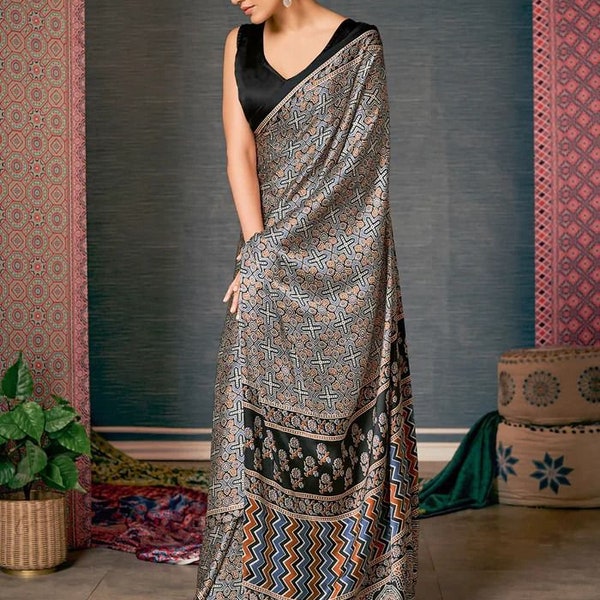 Gorgeous Pure satin silk ajrakh printed saree with plain satin blouse , perfect for party and wedding functions
