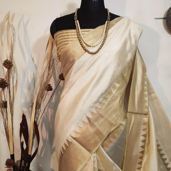 Saree uni en coton et soie d'Assam doux avec chemisier riche en tissage pallu et zari, parfait pour les réceptions traditionnelles