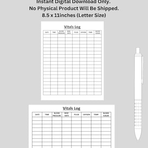 Vitals Log Sheets Vitals Log Template Sheet, Personal Health Etc | Printable | US Letter Size | Digital Download