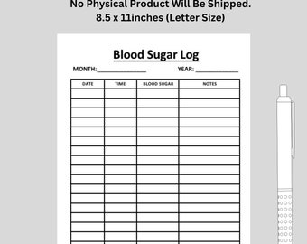 Blood Sugar Log Printable, Health Tracker, US Letter (Digital Download)