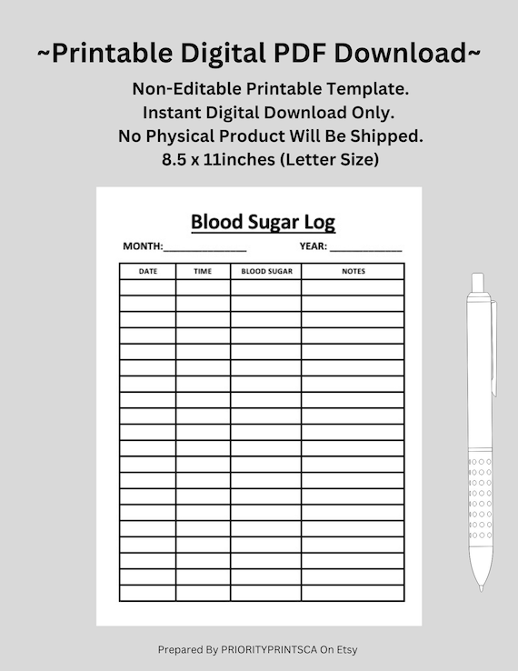 Blood Sugar Log Printable, Health Tracker, US Letter (Digital Download)
