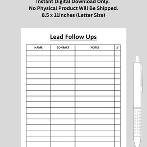 Kunden / Kunden Lead Follow Ups Sheet, Persönlich / Geschäftlich | Druckbar | US Letter Größe | Digitaler Download