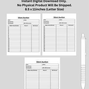 Silent Auction Bidding Sheet | Printable | US Letter Size | Digital ...