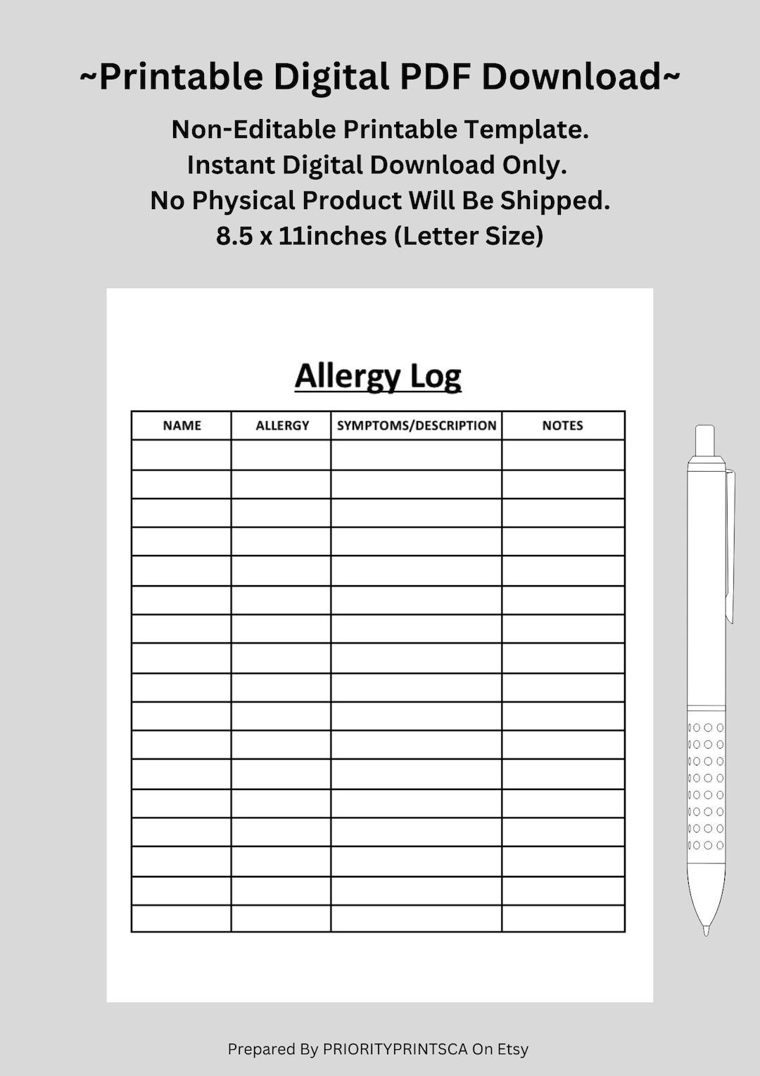 Allergy Log, Allergies, Allergy Form/sheet, Medical Conditions
