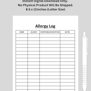 Allergy Log, Allergies, Allergy Form/Sheet, Medical Conditions | Printable | US Letter Size | Digital Download