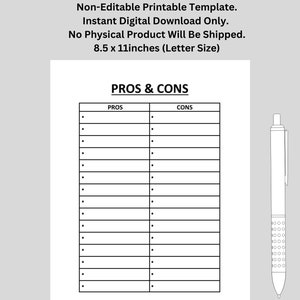 Pro und Kontra Liste. Druckbare PDF. Entscheidungsfindung, Organisation. Lebensentscheidungen Printable | US Letter Größe | Digitaler Download