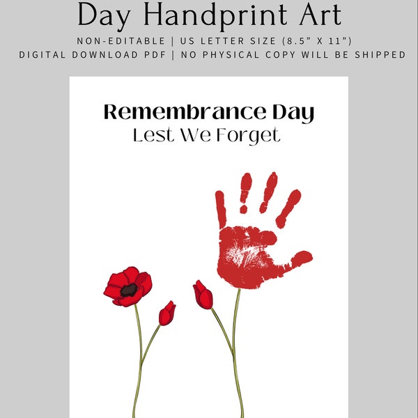 Remembrance Day Handprint Art Activity For Children | Lest We Forget | Preschoolers, Kids | Printable | US Letter Size | Digital Download