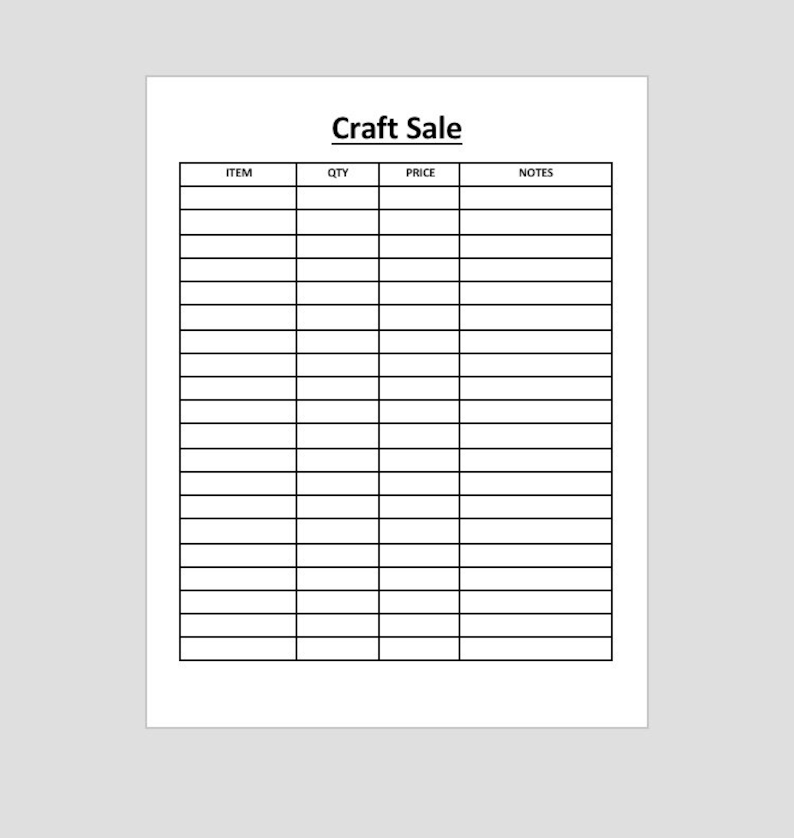 Printable Craft Sale Sheet Booth Sales Flea Markets - Etsy