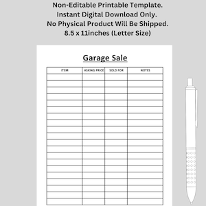 Hoja de venta de garaje / Rastreador de dinero / Plantilla de ajetreo lateral / Imprimible / Tamaño de carta de EE. UU. / Descarga digital