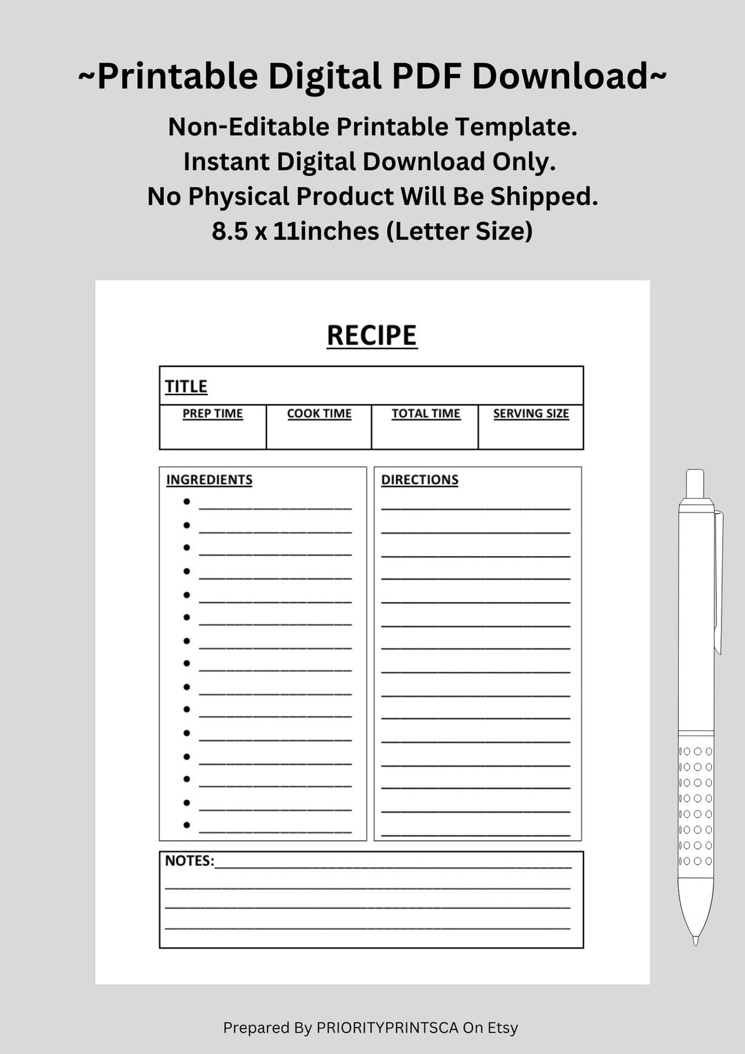 Printable Recipe Template Etsy