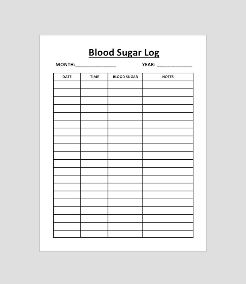 May include: A black and white printable blood sugar log with the title "Blood Sugar Log" and columns for date, time, blood sugar, and notes.