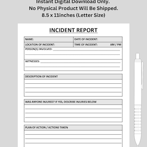 Informe de incidentes de salud y seguridad. Informe empresarial. Informe de hoja de registro de incidentes / Imprimible / Tamaño carta de EE. UU. / Descarga digital