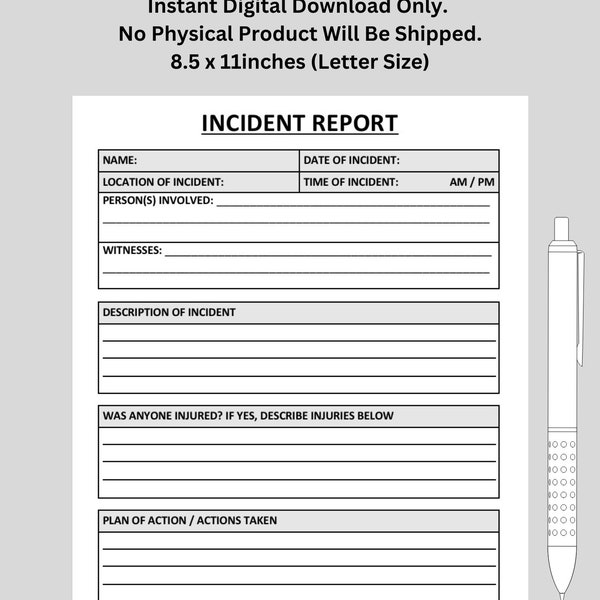 Incident Report Health And Safety. Business Report. Incident Log Sheet Report | Printable | US Letter Size | Digital Download