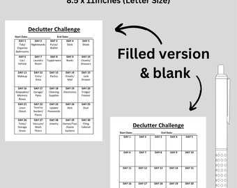 May include: A printable decluttering challenge checklist with 30 days of tasks. The checklist is divided into a grid with 30 squares, each labeled with a day number and a decluttering task. The checklist is designed to help people declutter their homes and lives. The image also shows a filled-in version of the checklist.